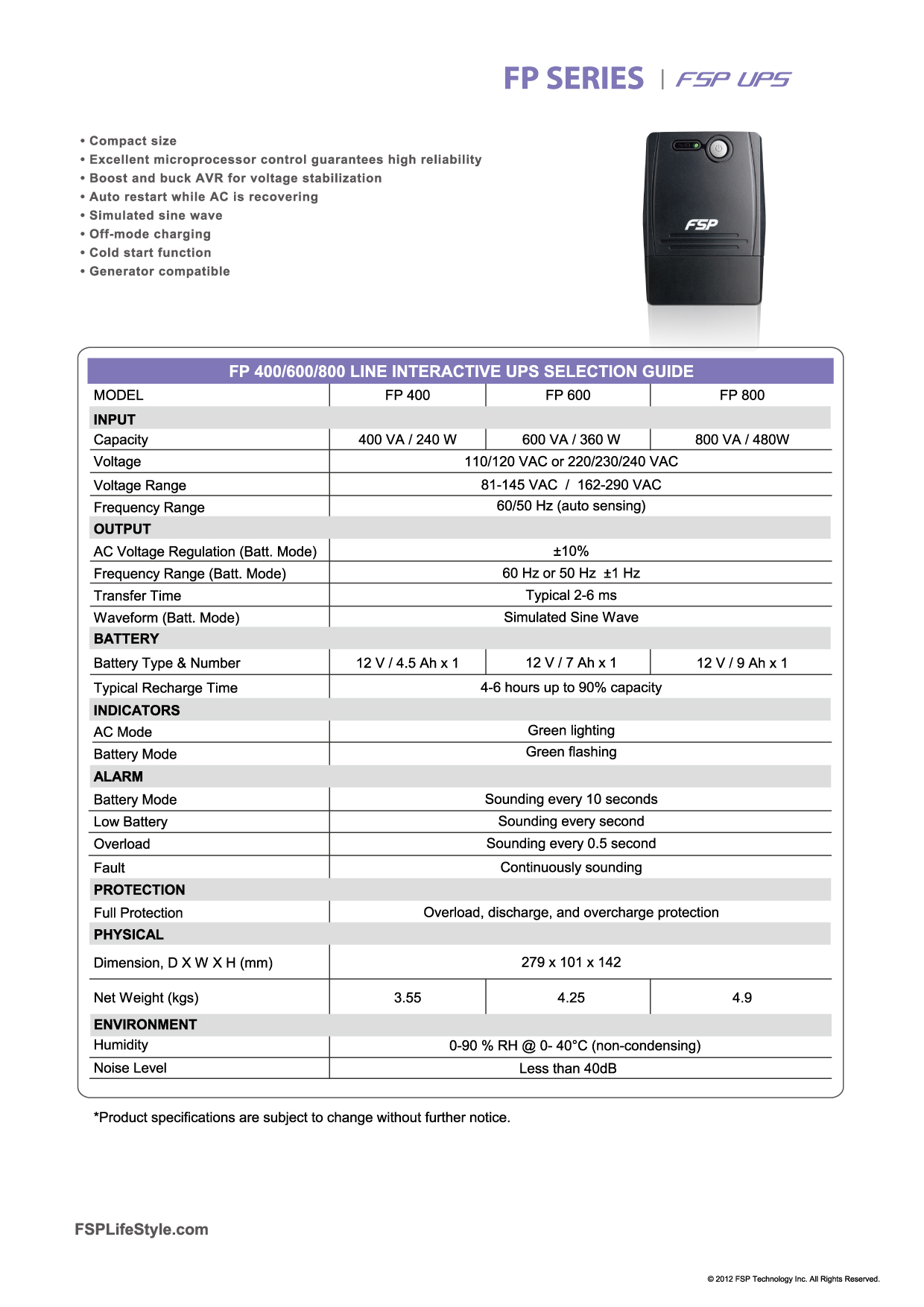 Obrázek FSP UPS FP 800, 800 VA / 480 W, line interactive