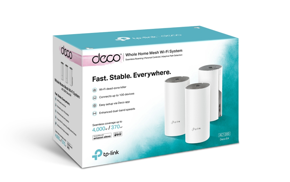Obrázek TP-Link AC1200 Whole-home Mesh WiFi System Deco E4(3-pack), 2x10/100 RJ45