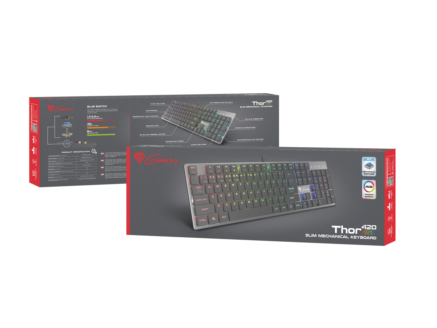 Obrázek Genesis herní mechanická klávesnice THOR 420/RGB/Content Slim Blue/Drátová USB/US layout/Šedá