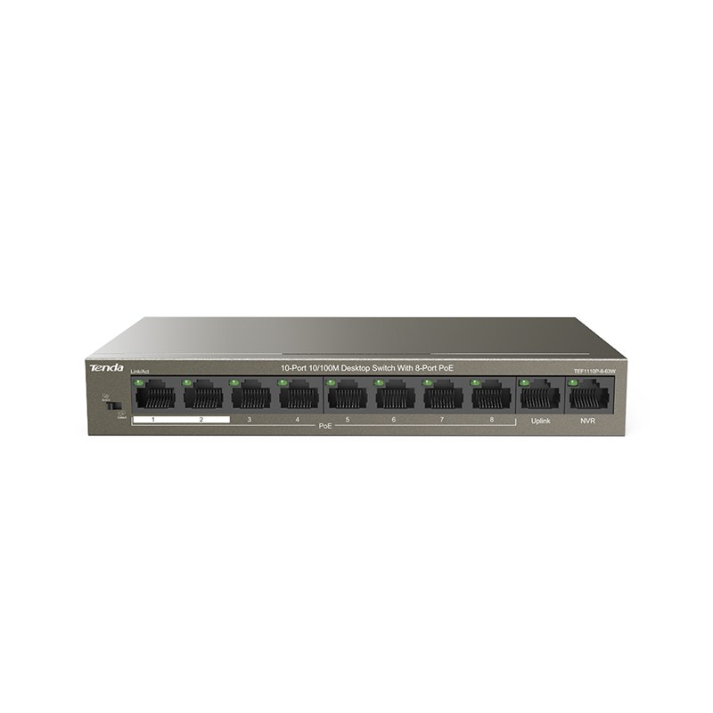 Obrázek Tenda TEF1110P-8-63W PoE AT switch - 8x PoE 100 Mb/s + 2x Uplink 100 Mb/s, PoE max 63W, fanless,PoE+