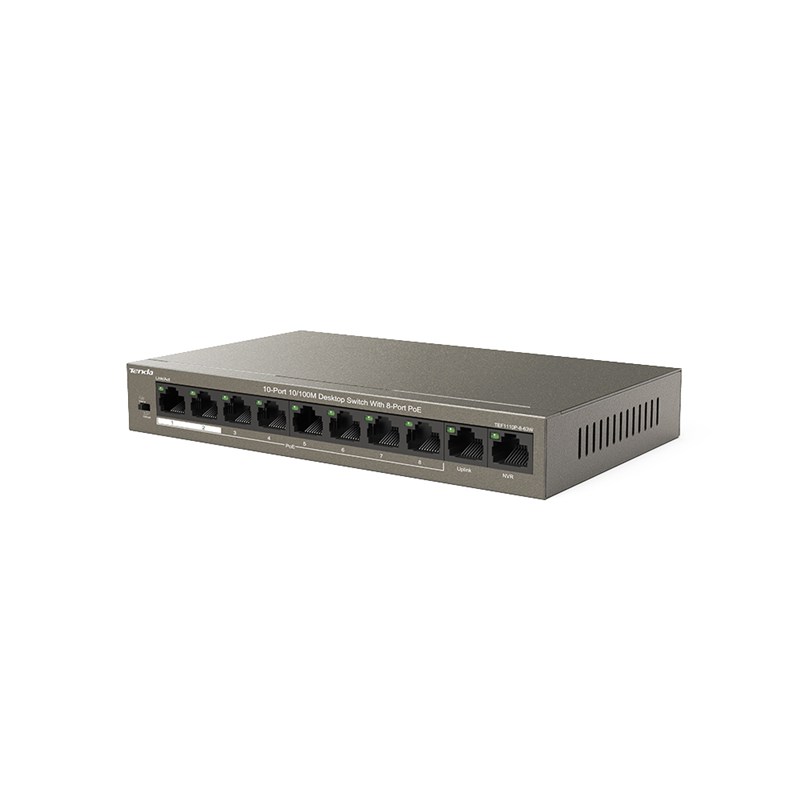 Obrázek Tenda TEF1110P-8-63W PoE AT switch - 8x PoE 100 Mb/s + 2x Uplink 100 Mb/s, PoE max 63W, fanless,PoE+