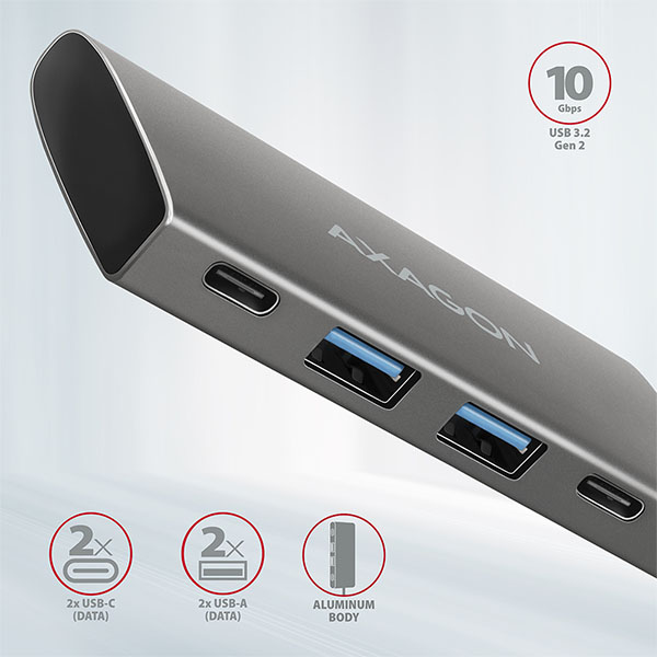 Obrázek AXAGON HMC-4G2, USB-C 3.2 Gen 2 10 Gb/s hub, porty 2x USB-A + 2x USB-C, kabel USB-C 13cm