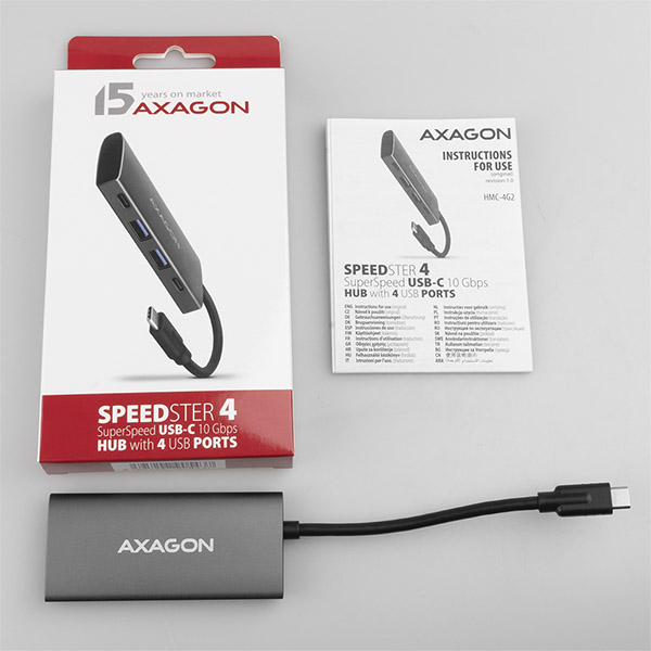 Obrázek AXAGON HMC-4G2, USB-C 3.2 Gen 2 10 Gb/s hub, porty 2x USB-A + 2x USB-C, kabel USB-C 13cm
