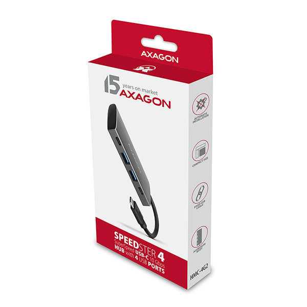 Obrázek AXAGON HMC-4G2, USB-C 3.2 Gen 2 10 Gb/s hub, porty 2x USB-A + 2x USB-C, kabel USB-C 13cm