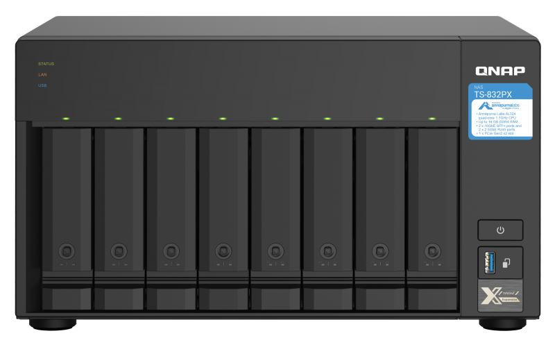 Obrázek QNAP TS-832PX-4G (1,7GHz, 4GB RAM, 8x SATA, 2x 2,5GbE, 2x 10G SFP+, 1x PCIe slot, 3x USB 3.2)