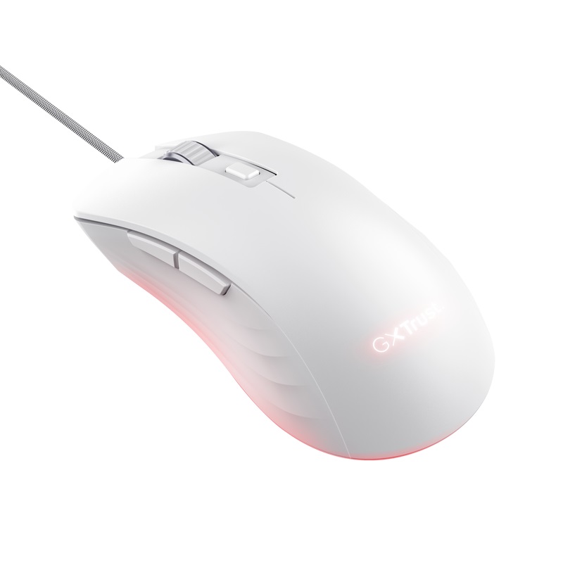 Obrázek Trust GXT924W YBAR+/Herní/Optická/Pro praváky/25 600 DPI/Drátová USB/Bílá