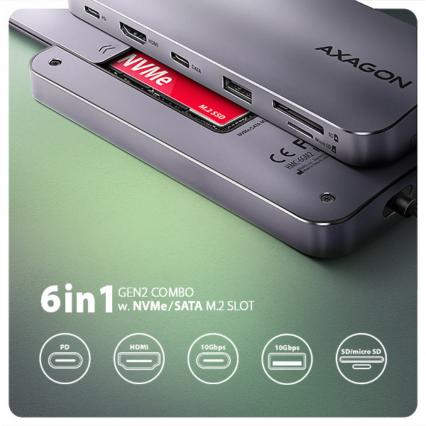 Obrázek AXAGON HMC-6GM2, USB 10Gbps hub, USB-A, USB-C,  HDMI, M.2 slot, SD/MicroSD, PD 100W, kabel 20cm