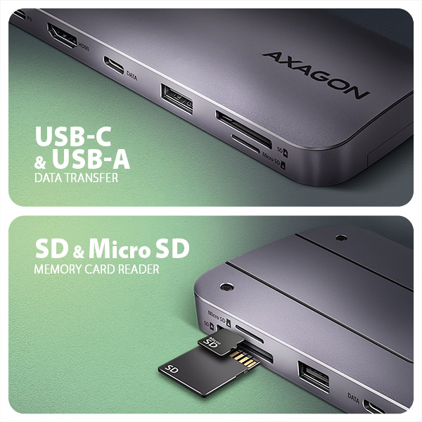 Obrázek AXAGON HMC-6GM2, USB 10Gbps hub, USB-A, USB-C,  HDMI, M.2 slot, SD/MicroSD, PD 100W, kabel 20cm