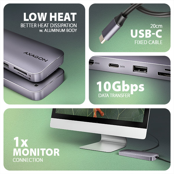 Obrázek AXAGON HMC-6GM2, USB 10Gbps hub, USB-A, USB-C,  HDMI, M.2 slot, SD/MicroSD, PD 100W, kabel 20cm
