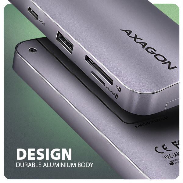 Obrázek AXAGON HMC-6GM2, USB 10Gbps hub, USB-A, USB-C,  HDMI, M.2 slot, SD/MicroSD, PD 100W, kabel 20cm