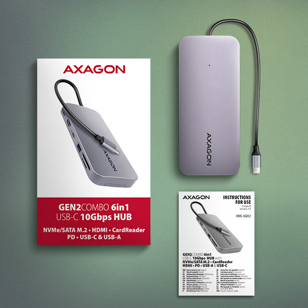 Obrázek AXAGON HMC-6GM2, USB 10Gbps hub, USB-A, USB-C,  HDMI, M.2 slot, SD/MicroSD, PD 100W, kabel 20cm