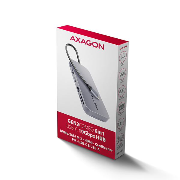 Obrázek AXAGON HMC-6GM2, USB 10Gbps hub, USB-A, USB-C,  HDMI, M.2 slot, SD/MicroSD, PD 100W, kabel 20cm