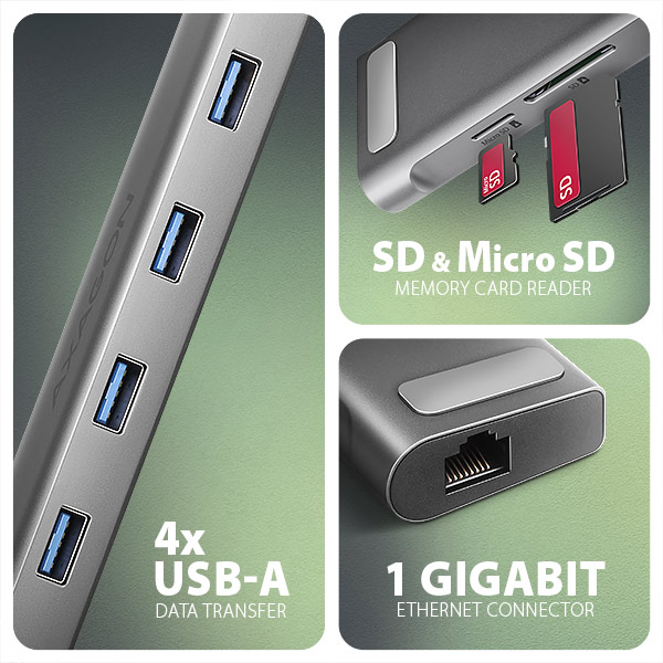 Obrázek AXAGON HMC-10HLS, USB 5Gbps hub, 4x USB-A, HDMI 4k/60Hz, RJ-45 GLAN, SD/mSD, PD 100W, kabel 25cm