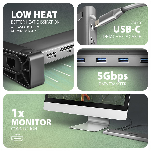 Obrázek AXAGON HMC-10HLS, USB 5Gbps hub, 4x USB-A, HDMI 4k/60Hz, RJ-45 GLAN, SD/mSD, PD 100W, kabel 25cm