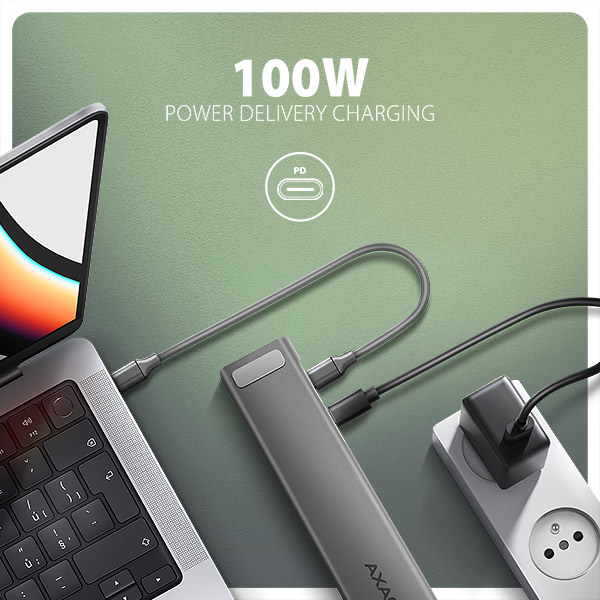 Obrázek AXAGON HMC-10HLS, USB 5Gbps hub, 4x USB-A, HDMI 4k/60Hz, RJ-45 GLAN, SD/mSD, PD 100W, kabel 25cm
