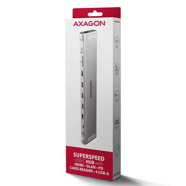 Obrázek AXAGON HMC-10HLS, USB 5Gbps hub, 4x USB-A, HDMI 4k/60Hz, RJ-45 GLAN, SD/mSD, PD 100W, kabel 25cm