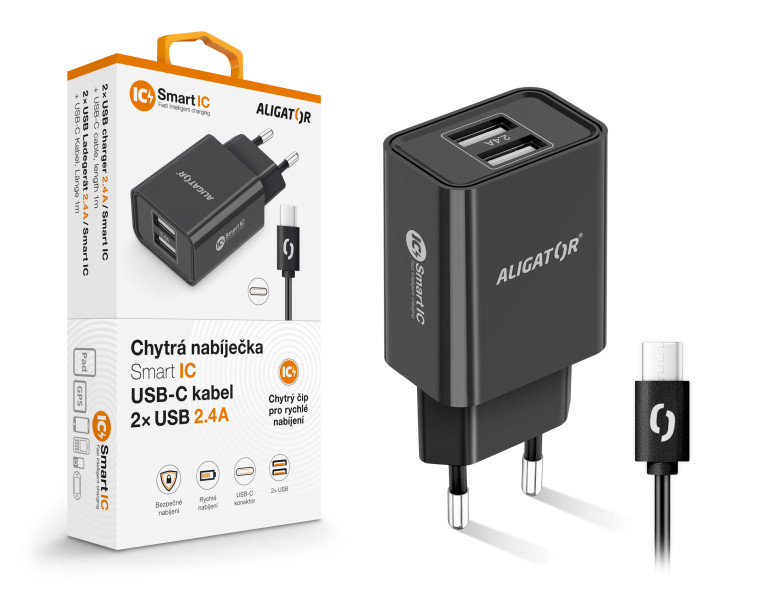 Obrázek Chytrá síťová nabíječka ALIGATOR 2,4A, 2xUSB, smart IC, černá, USB-C kabel