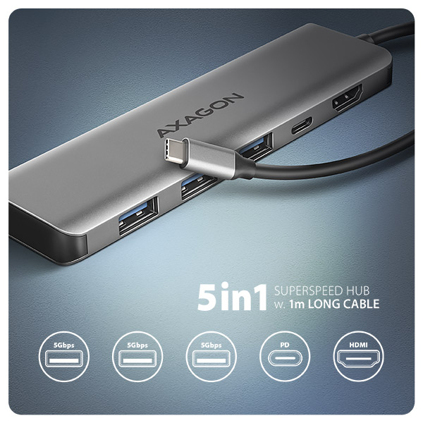 Obrázek AXAGON HMC-5H, USB 5Gbps hub, 3x USB-A, HDMI 4k/30Hz, PD 100W, kabel USB-C 100cm