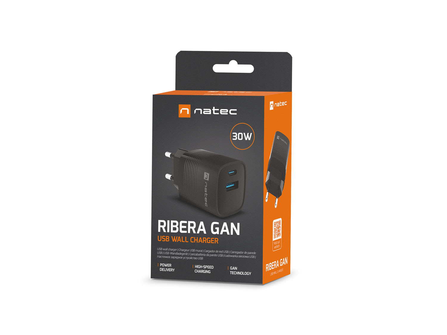 Obrázek Univerzální USB nabíječka Natec RIBERA GaN 30 W, 1X USB-A, 1X USB-C, černá