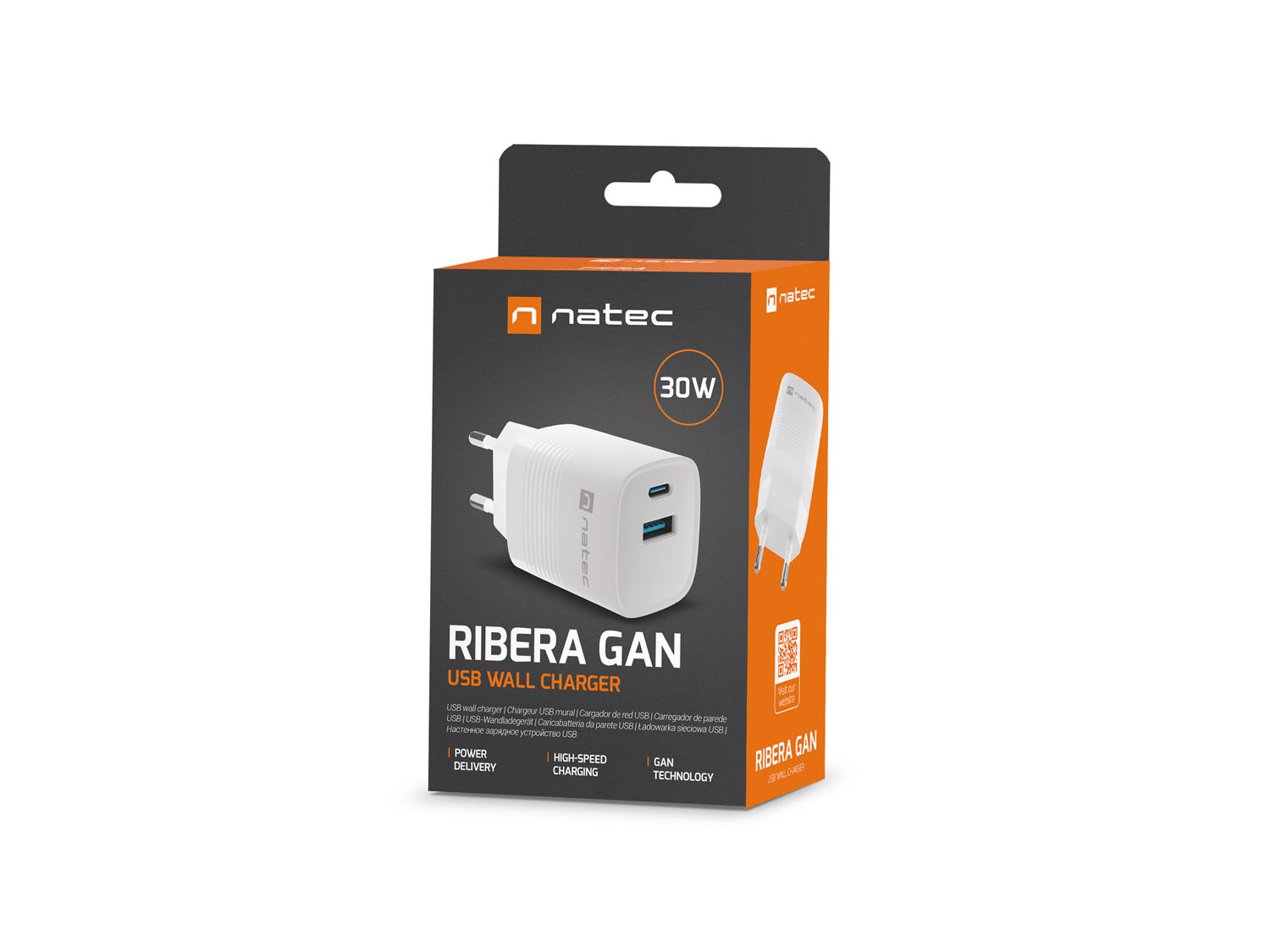 Obrázek Universální USB nabíječka Natec RIBERA GaN 30W, 1X USB-A, 1X USB-C, Bílá
