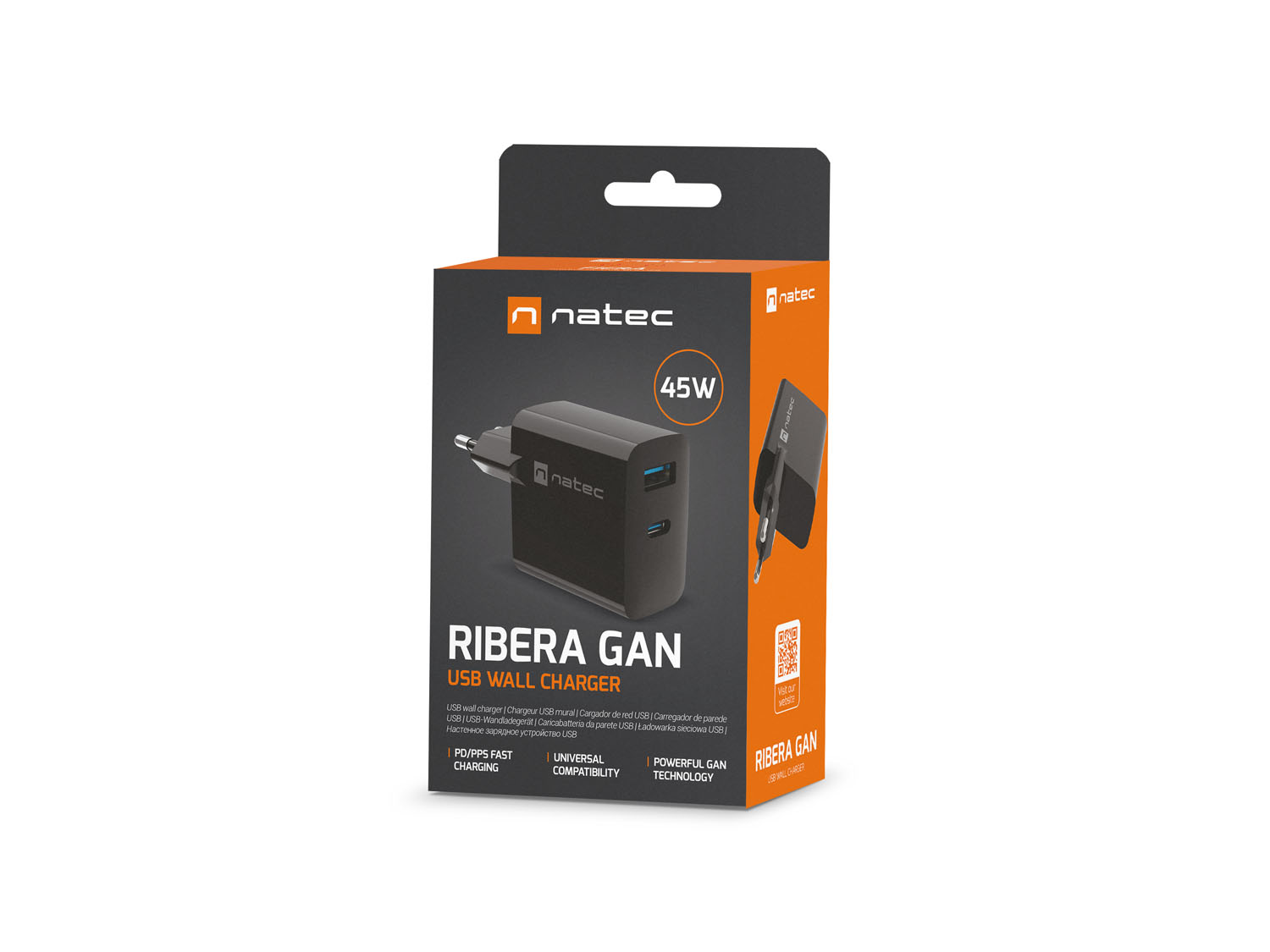 Obrázek Univerzální USB nabíječka Natec RIBERA GaN 45W, 1X USB-A, 1X USB-C, černá