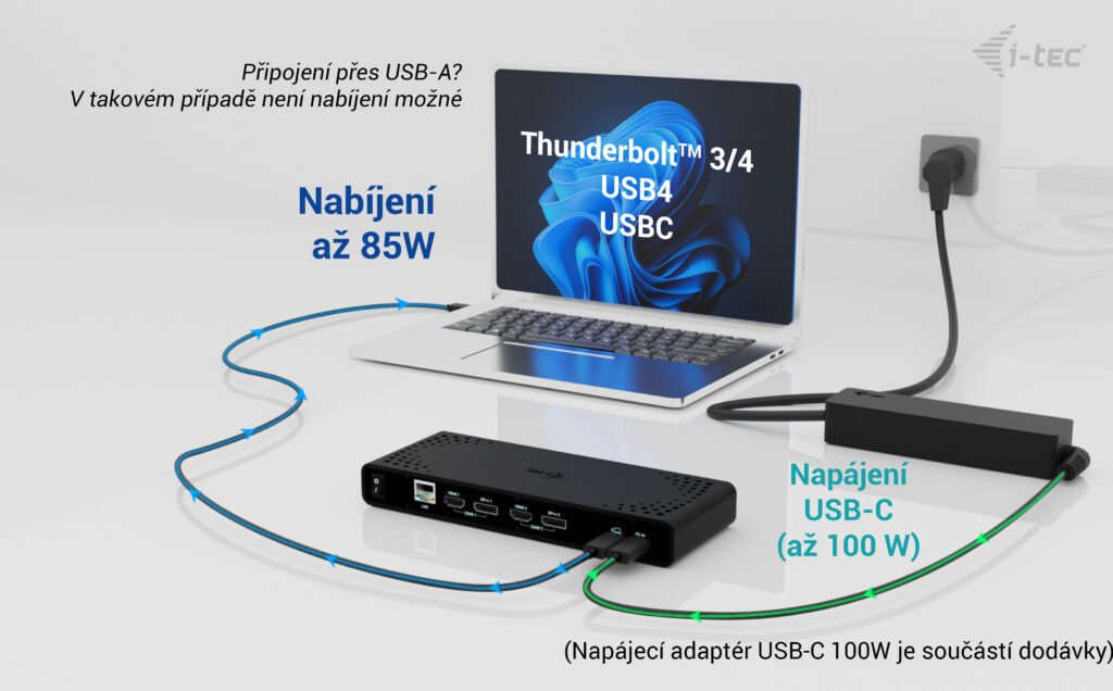 Obrázek i-tec Universal Dual 4K Display Docking Station, Power Delivery 85W + i-tec USB-C Charger 100W