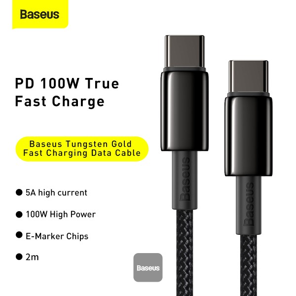 Obrázek Baseus datový kabel Tungsten Gold USB-C/USB-C 2m 100W černý