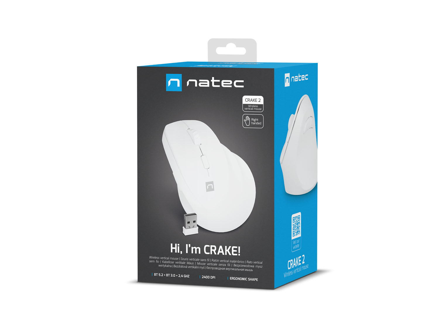 Obrázek Bezdrátová myš Natec CRAKE 2/Kancelářská/Optická/2 400 DPI/USB+BT/Bílá/Vertikální/Optická/Pro pravák