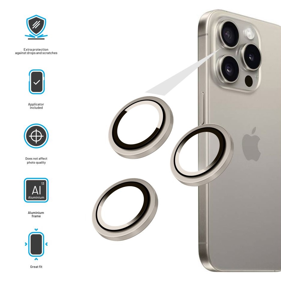 Obrázek Ochranná skla čoček fotoaparátů FIXED Camera Glass, Apple iPhone 16 Pro/16 Pro Max, přírodní titan