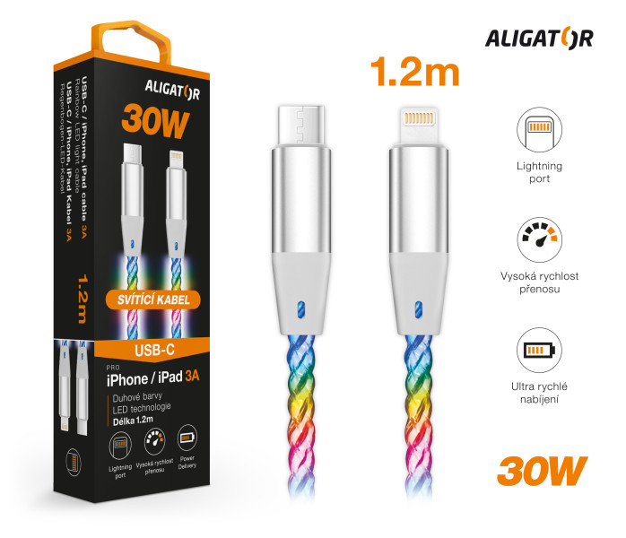 Obrázek Datový kabel ALIGATOR POWER 3A 30W, USB-C/Lightning, 1,2m svítící