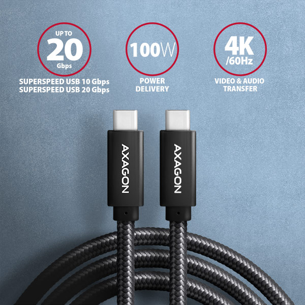 Obrázek AXAGON BUCM32-CM05AB, SPEED+ kabel USB-C <-> USB-C, 0.5m, USB 20Gbps, PD 100W 5A, 4K HD, ALU, oplet