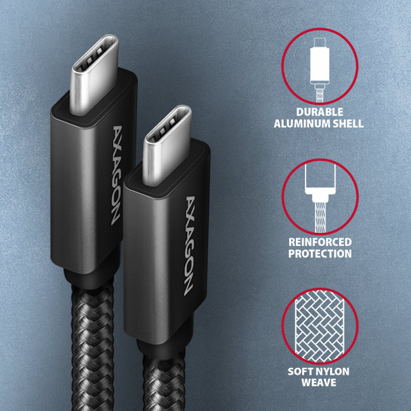 Obrázek AXAGON BUCM32-CM05AB, SPEED+ kabel USB-C <-> USB-C, 0.5m, USB 20Gbps, PD 100W 5A, 4K HD, ALU, oplet