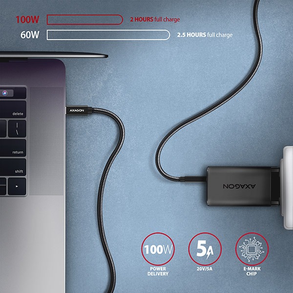 Obrázek AXAGON BUCM32-CM05AB, SPEED+ kabel USB-C <-> USB-C, 0.5m, USB 20Gbps, PD 100W 5A, 4K HD, ALU, oplet