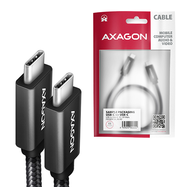 Obrázek AXAGON BUCM32-CM05AB, SPEED+ kabel USB-C <-> USB-C, 0.5m, USB 20Gbps, PD 100W 5A, 4K HD, ALU, oplet