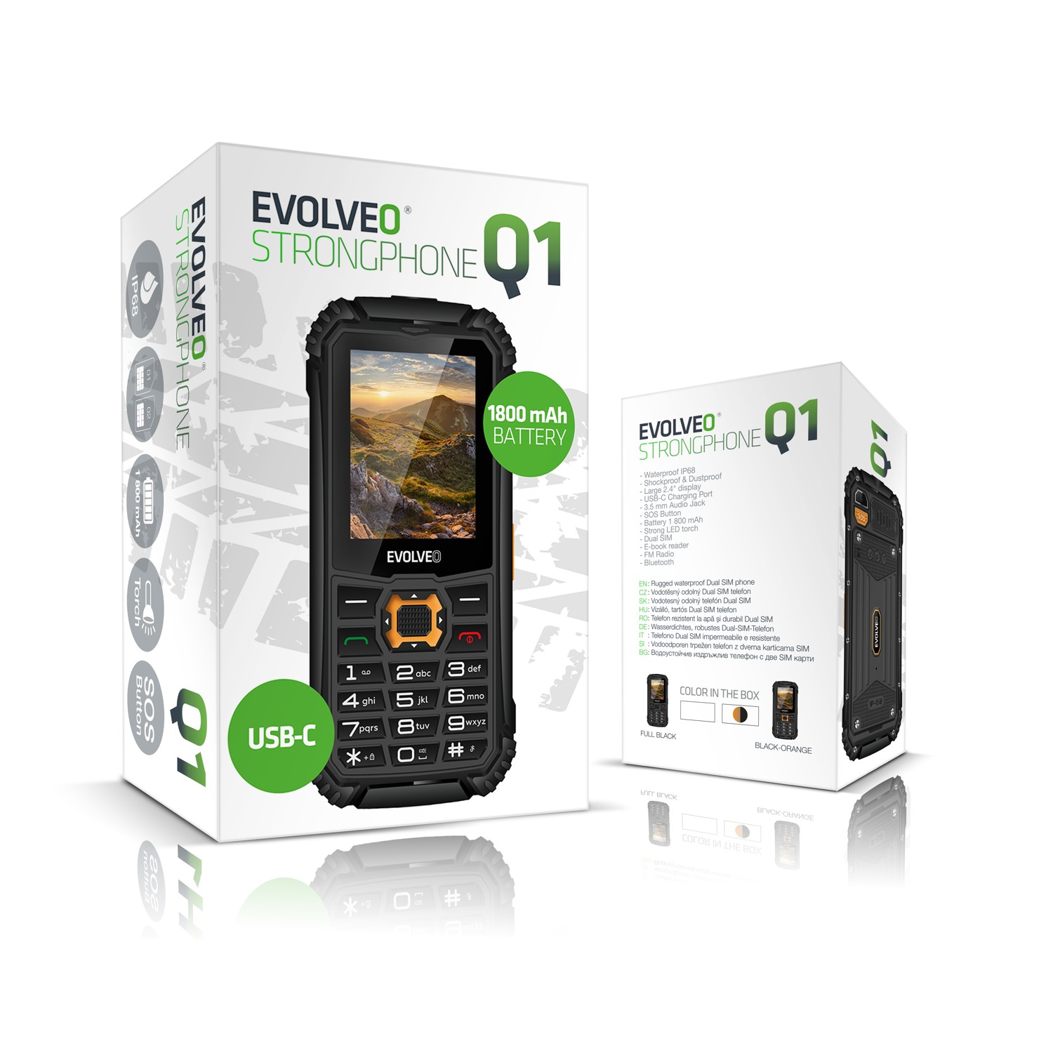 Obrázek EVOLVEO StrongPhone Q1, vodotěsný odolný Dual SIM telefon, černo-oranžový
